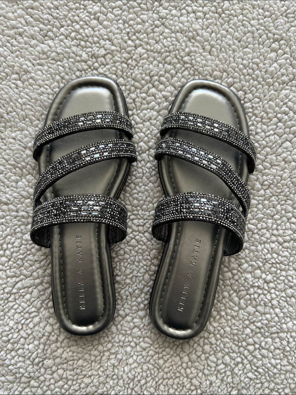 Kelly & Katie dark silver/chrome Jeweled Triple-Strap Slide Mules